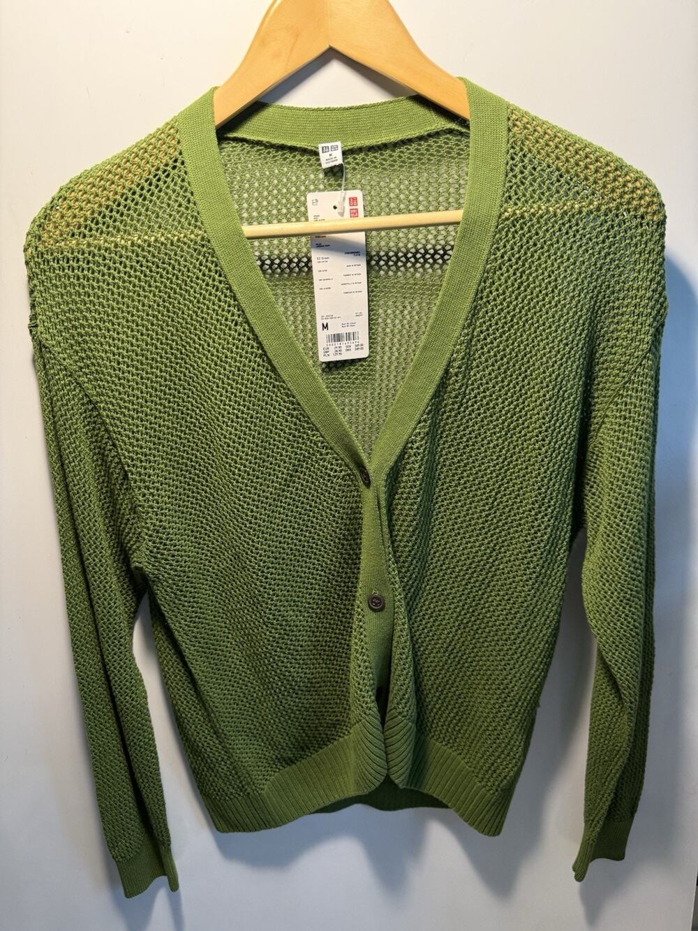 Uniqlo Womens Green Mesh Knit 100% Cotton Cardigan Sweater V-Neck Medium 454768